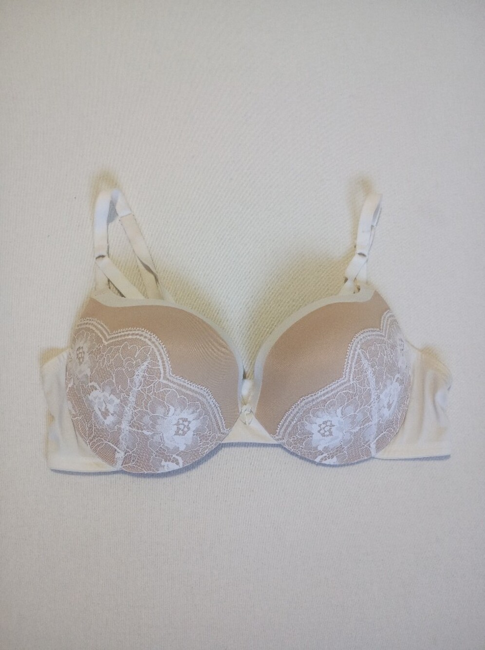 Maidenform 40C Love the Lift Push Up In Strappy Lace Demi Bra Tan White Floral